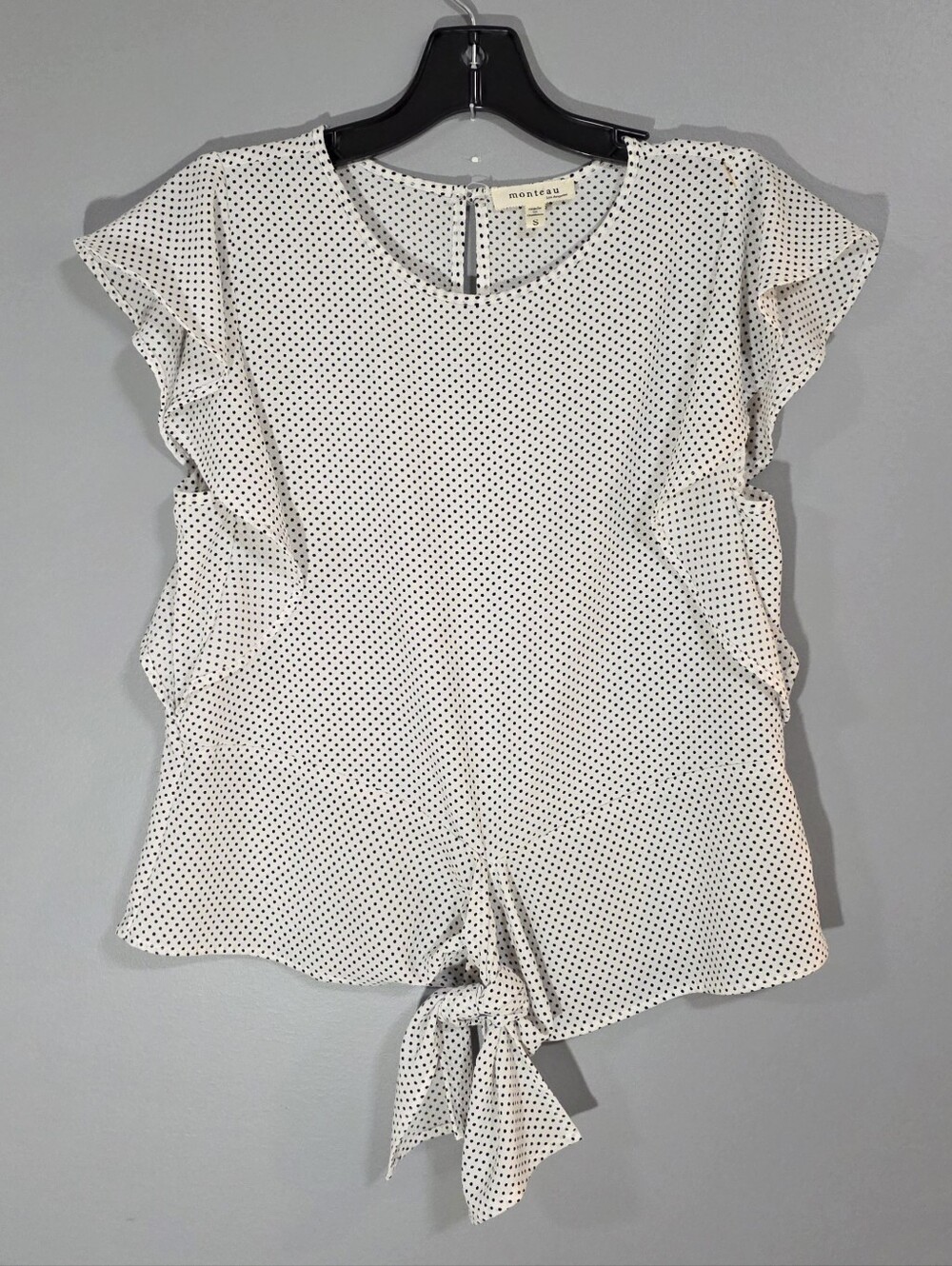 Monteau White Blouse with Black Polka Dots and Front Tie